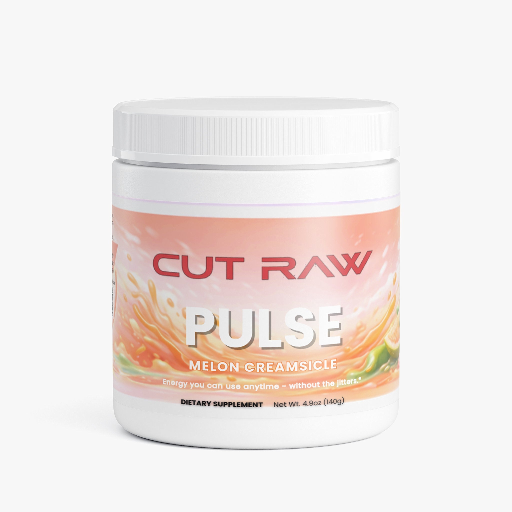 Supplement container of an Energy Drink Powder labeled 'Cut Raw Pulse Melon Creamsicle' on a white background.